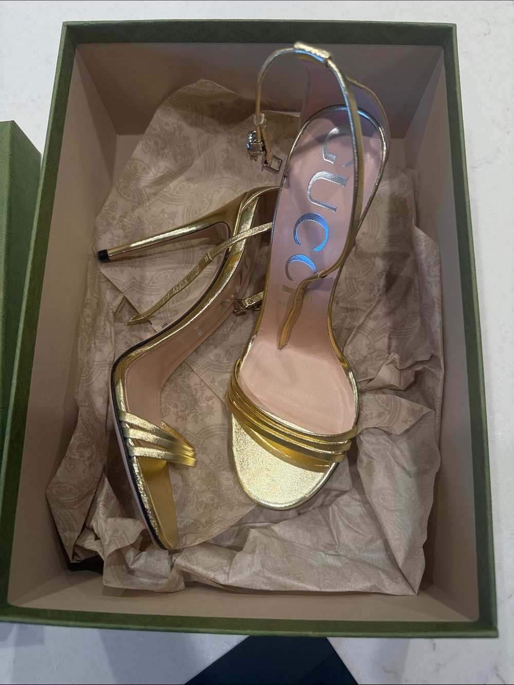 Gucci Gold Metallic Strappy High Heel Sandals